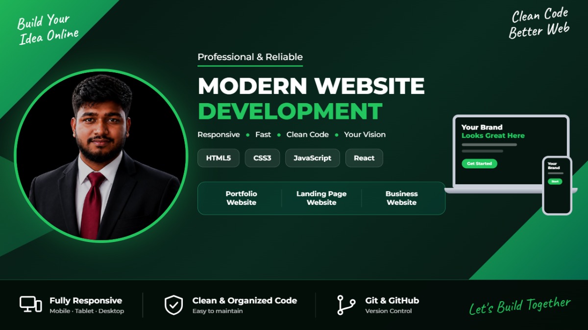 I will build a modern responsive website using HTML CSS JavaScript and React