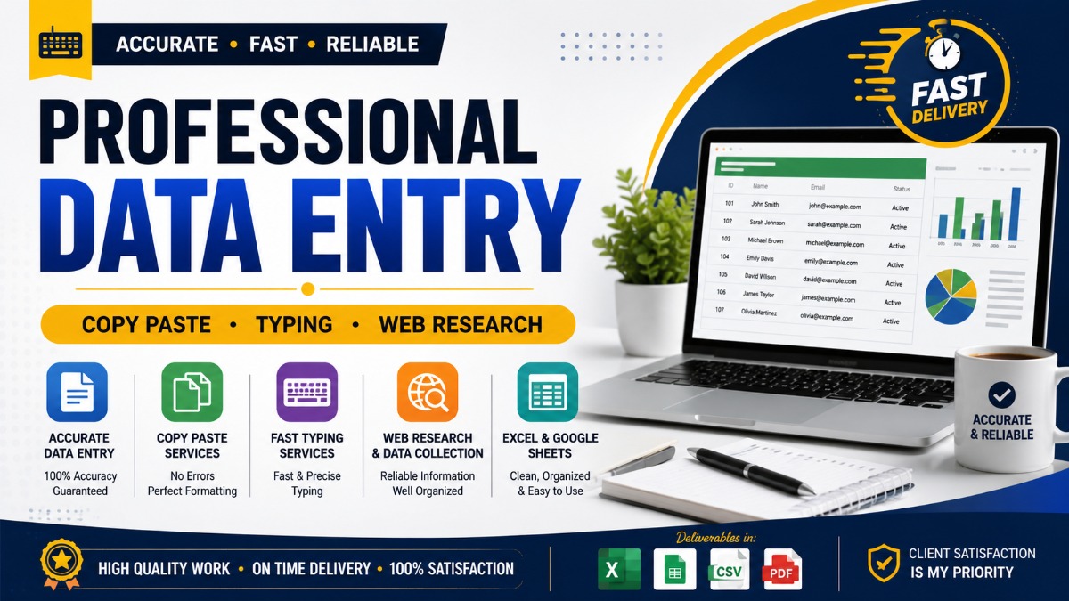 I will do professional data entry, copy paste, typing, and web research