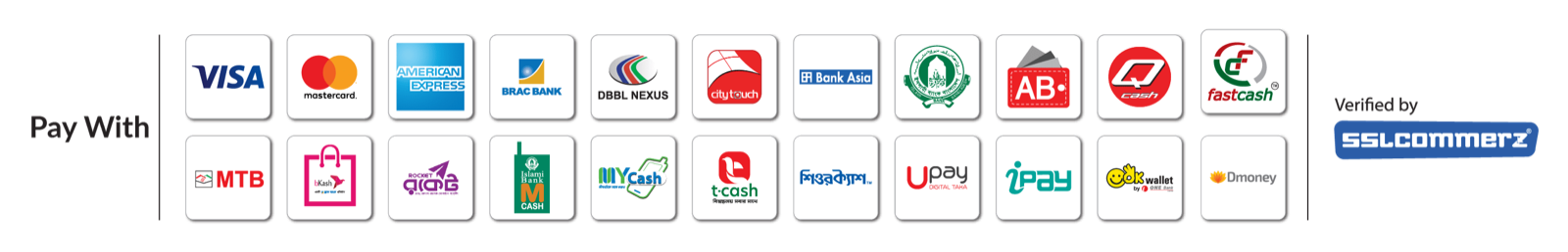 Pay with Visa, Mastercard, American Express, bKash, Rocket, Nexus and more — verified by SSLCommerz